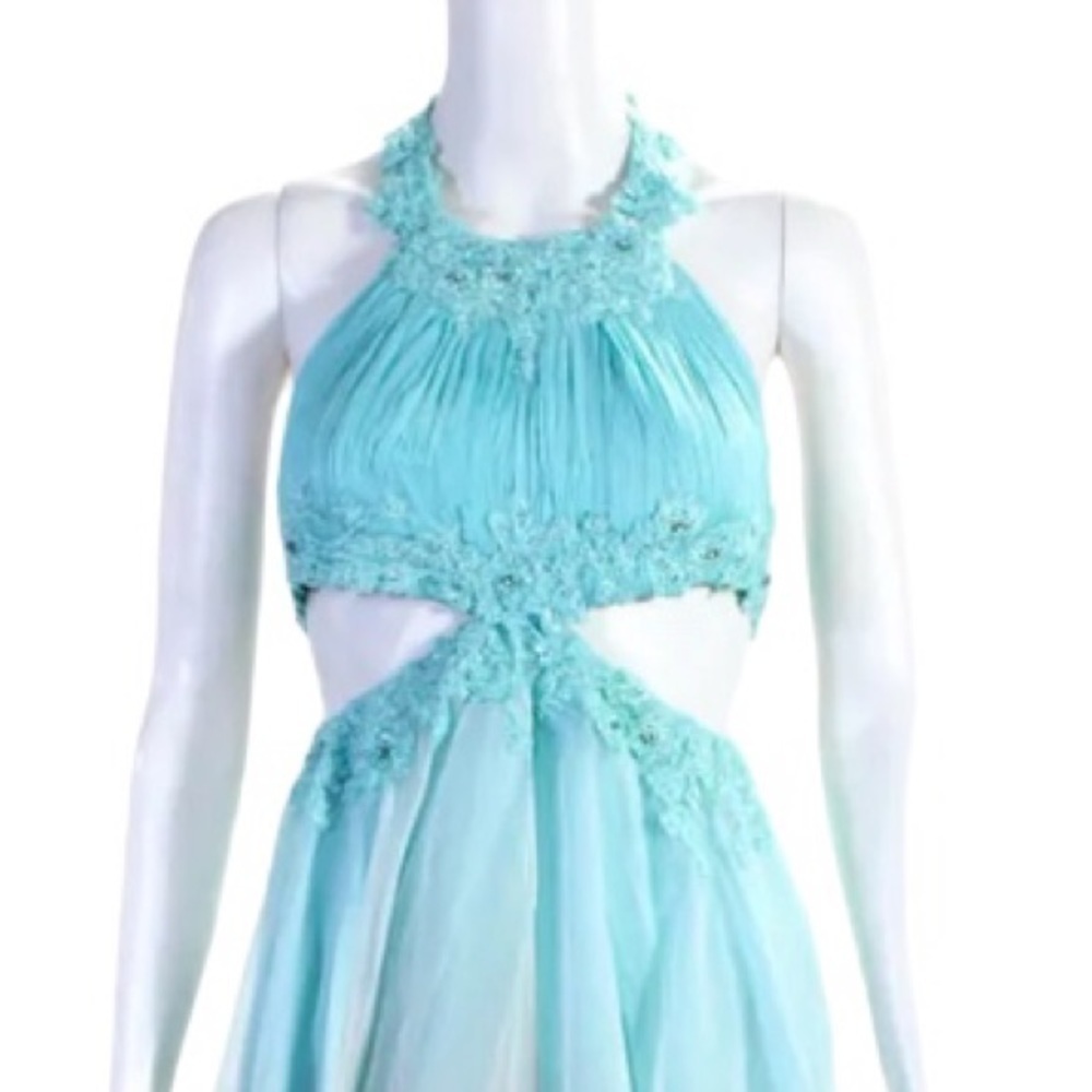 NWT Sherri Hill Dress Size 0 Pastel Blue Coral Orange Ombre Hi Low Cutout Gown - Picture 4 of 10